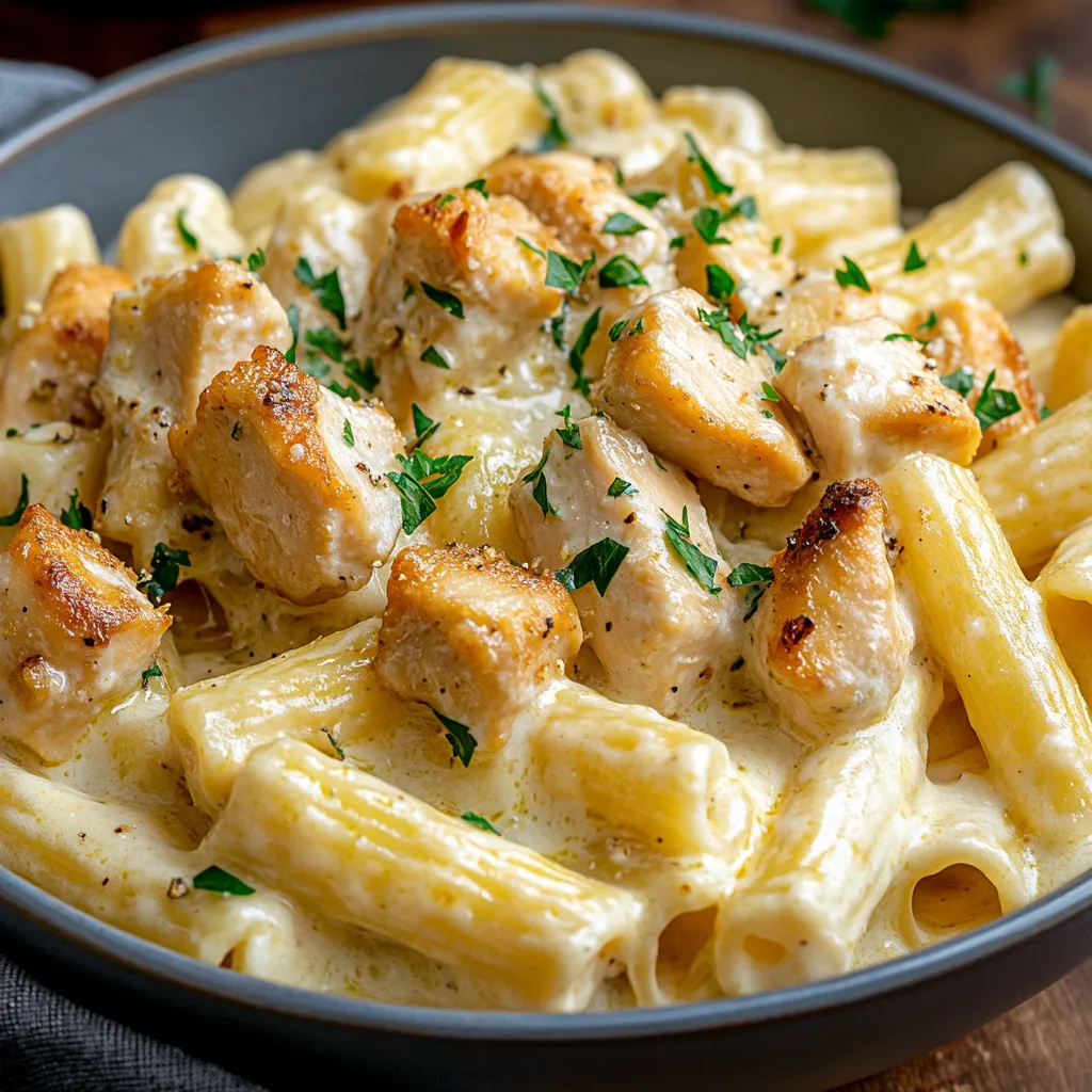 Ein Schälchen mit Pasta, Chicken und Zwiebeln.