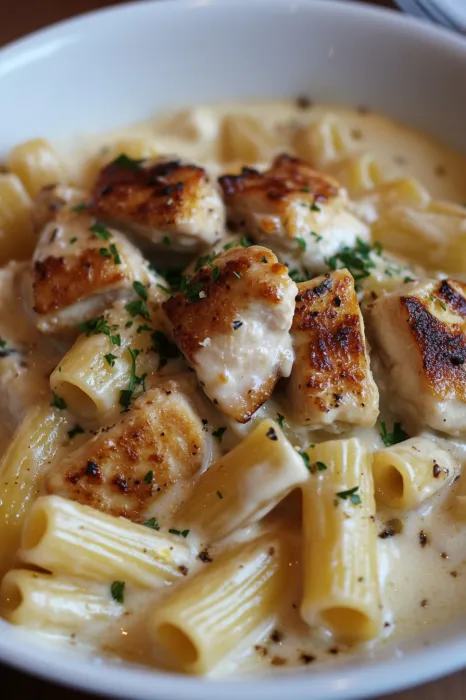 Eine Schüssel mit Pasta und Zwiebeln.