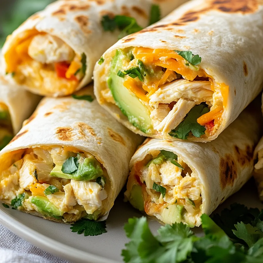 Eine Platte mit verschiedenen gegrillten Chicken-Rolls, die mit Avocado, Käse und verschiedenen Gemüse zubereitet sind.
