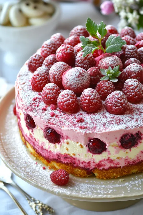 Eine süße Raspberry-Konfekt-Torte mit frischen Raspberries und einer Blume darüber.