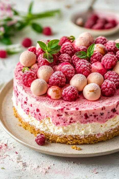 Eine Raspberry-Kuchen-Schicht mit Raspberry-Konfekt und Raspberry-Konfekt-Knuspren.