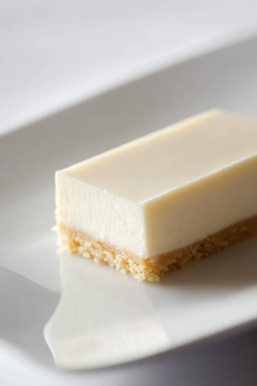 Eine kleine, weiße Platte mit einem einzelnen, quadratischen Stück Käse darauf.
