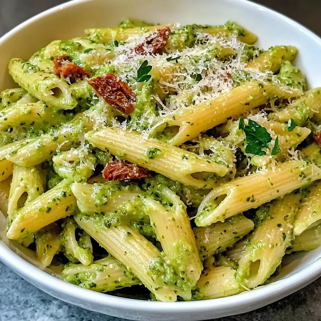 Ein weißer Teller mit Penne-Nudeln, die mit Spinat und Parmesan belegt sind.