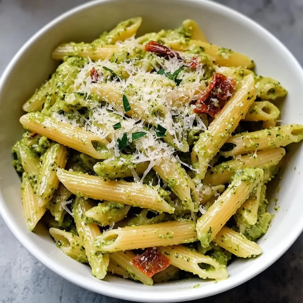 Ein weißer Teller mit Penne-Nudeln, die mit Spinat, Tomaten, Basilikum und Parmesan belegt sind.