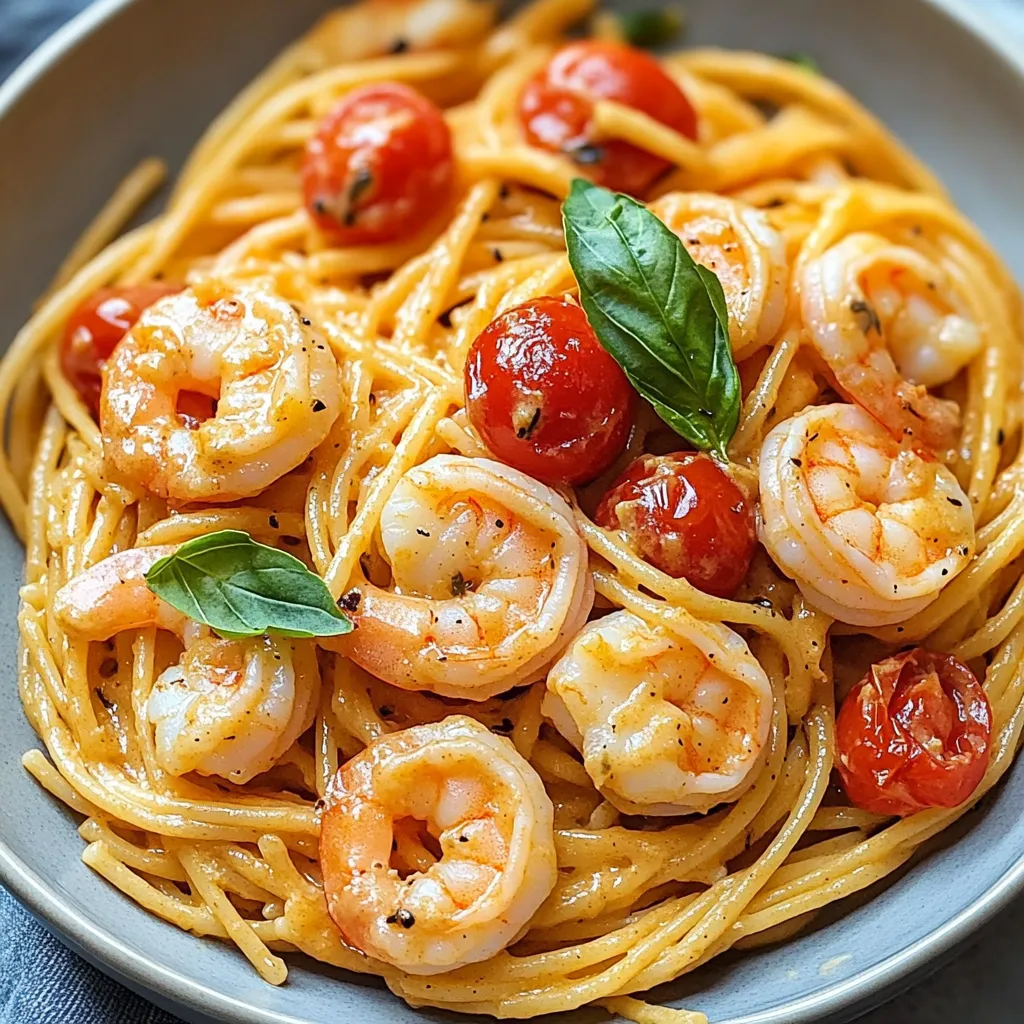 Ein Schälchen mit Pasta, Tomaten, Basilikum und Shrimp.
