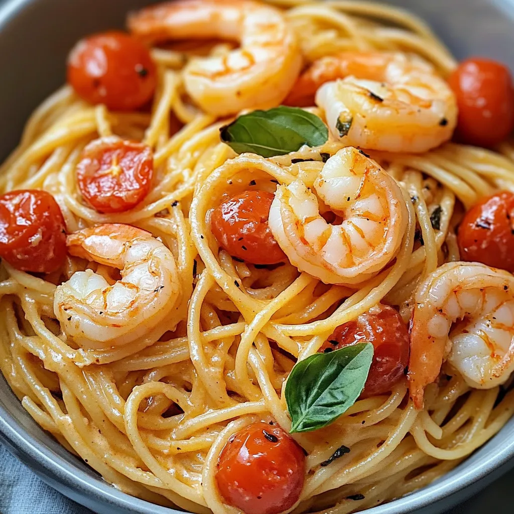 Ein Schälchen mit Pasta, Tomaten, Shrimp und Basilikum.