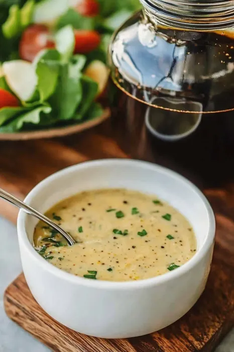 Ein weißer Becher mit einer cremigen Suppe, die mit grünen Zwiebeln und Knoblauch garniert ist.