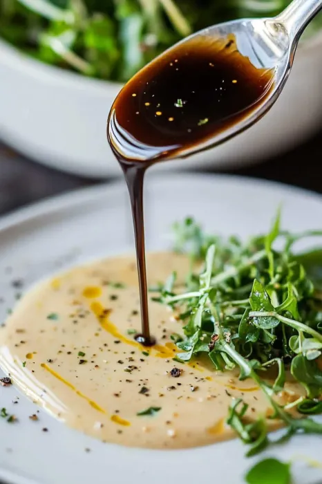 Eine Schüssel mit einer Sauce, die mit einer Löffel in eine Salatgarnitur gegeben wird.