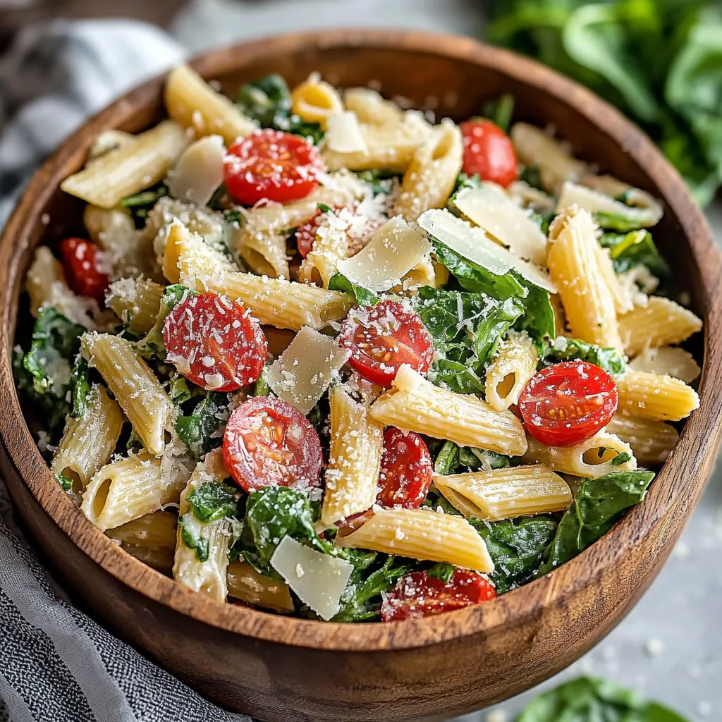 Ein Holzschälchen mit Pasta, Tomaten, Spinat und Parmesan.