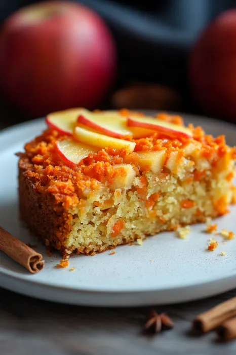 Ein Stück Kuchen mit einer Schicht aus Apfel und Zucker auf einem Teller.