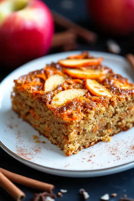 Ein Plate mit einem Stück Kuchen, der mit Zwiebeln und Apfel geschmolzen ist.