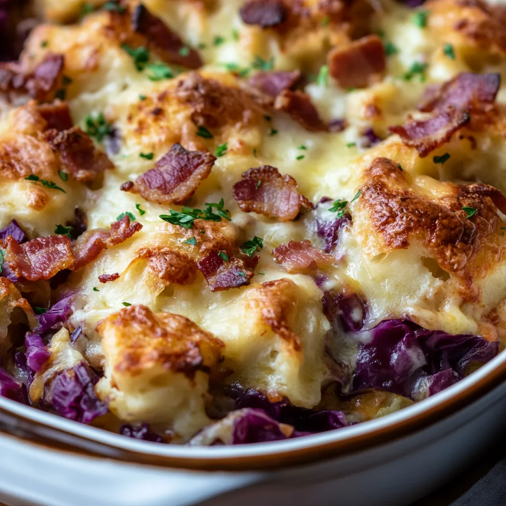Ein Bild von einer Kugelpfanne mit Bacon, Käse und Sauerkraut.