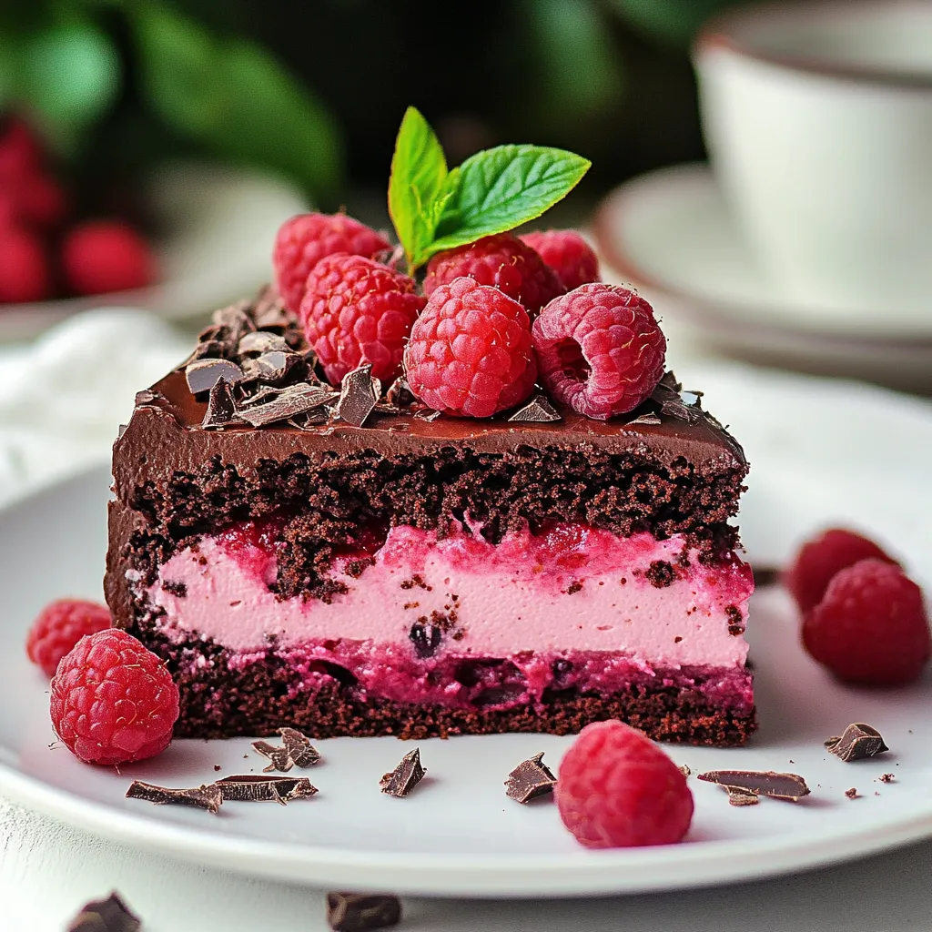Eine Schokoladenkuche mit Raspberry-Fruchtgarnitur auf einem weißen Teller.