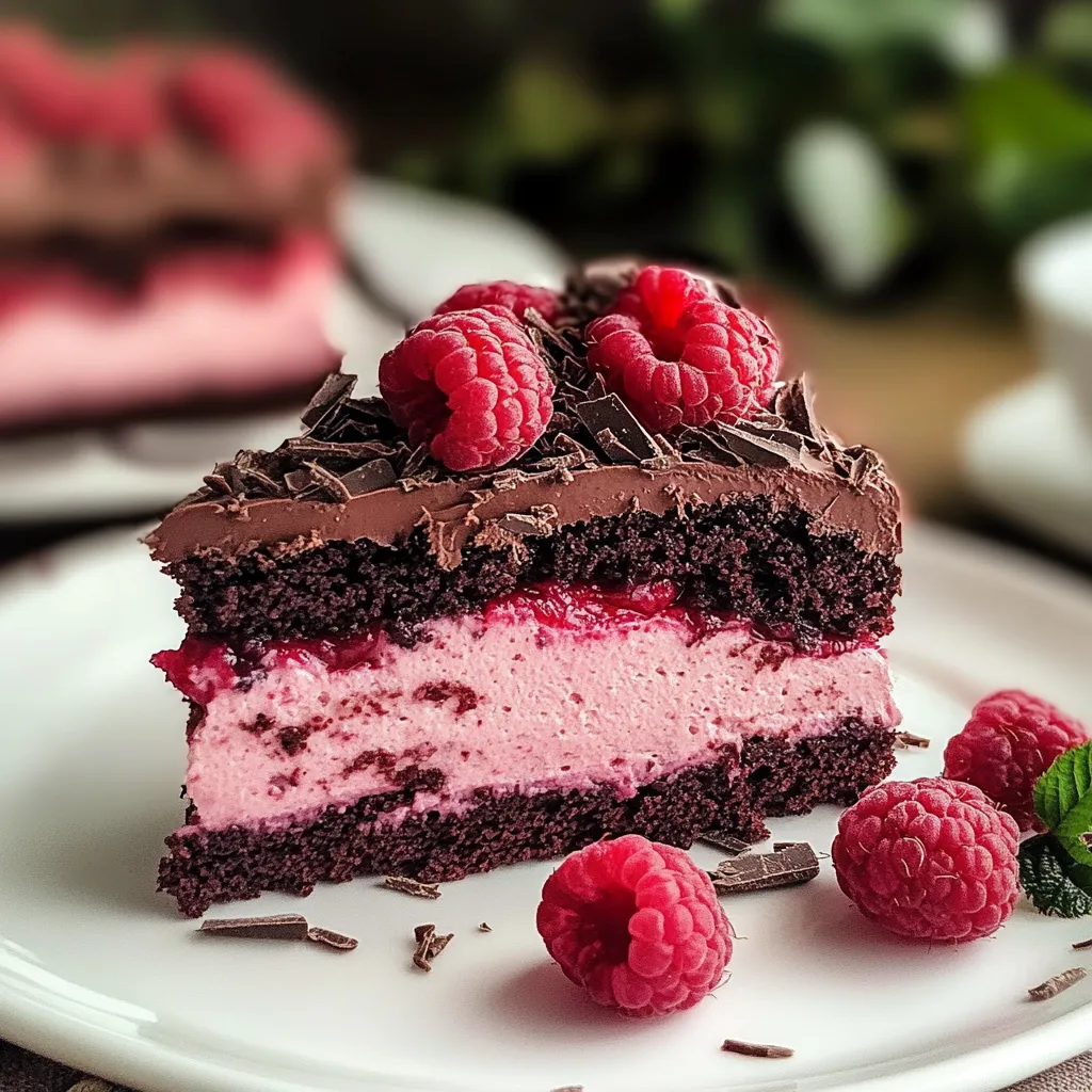 Eine Schokoladenkuche mit Schokoladenglasur und Raspberry-Fruchtgarnitur auf einem weißen Teller.
