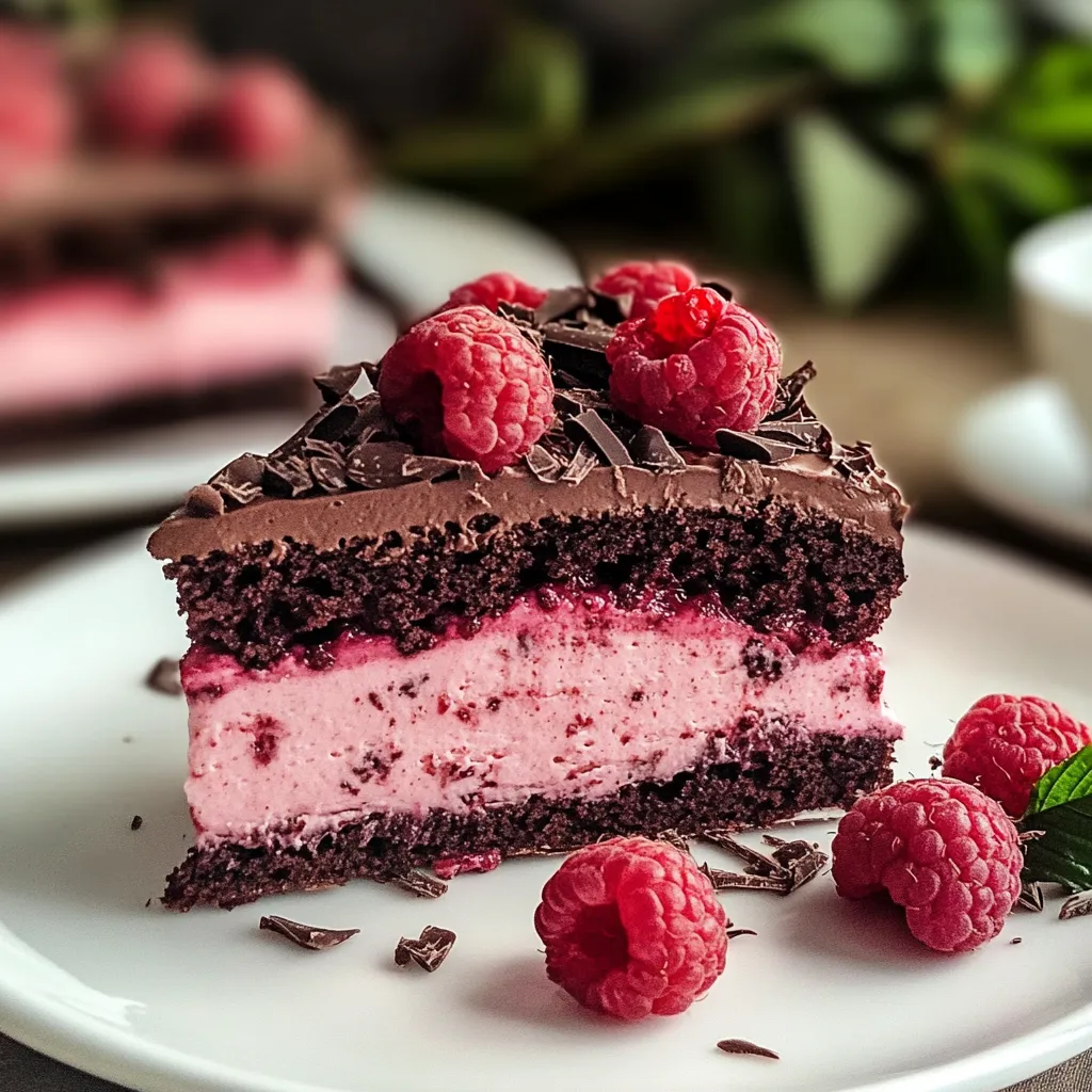 Eine Schokoladenkuche mit Schokoladenglasur und Raspberry-Garnierung auf einem weißen Teller.