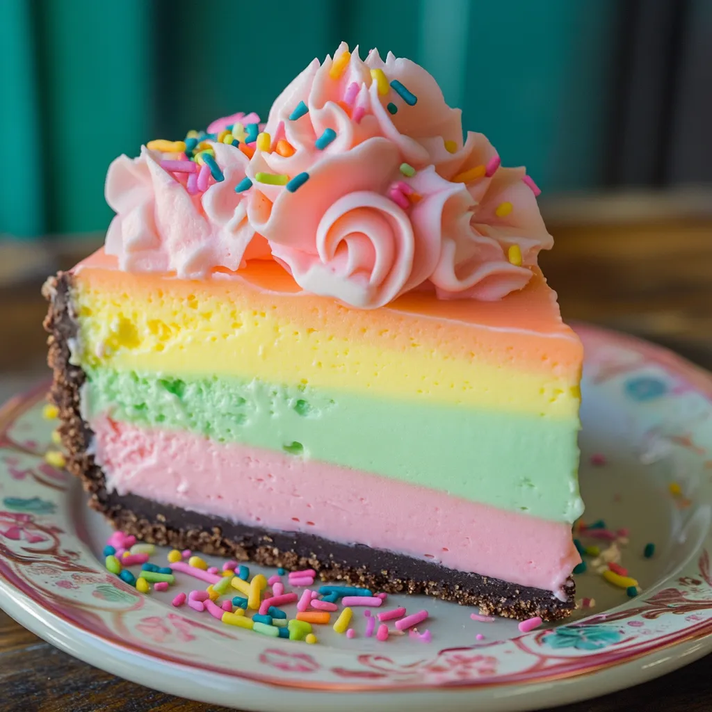 Ein Stück Käse mit verschiedenen Farben wie Pink, Orange, Yellow, Green, Purple und Brown auf einem Plate.
