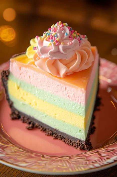 Eine Schokoladencake mit Schokoladenglasur, die in Farben von Pink, Yellow, Green, Orange und Purple geschnitten ist.