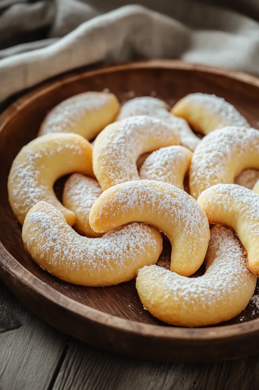 Eine Schüssel mit weißen, süßen, glasigen, gebackenen, in Form gebogenen, mit Zucker bestreuten Desserts.