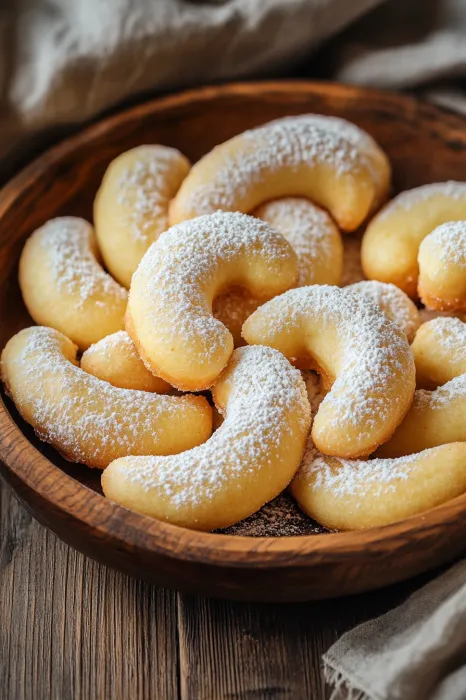 Ein Holzbecher mit weißen Donuts, die mit Zucker bestreut sind.