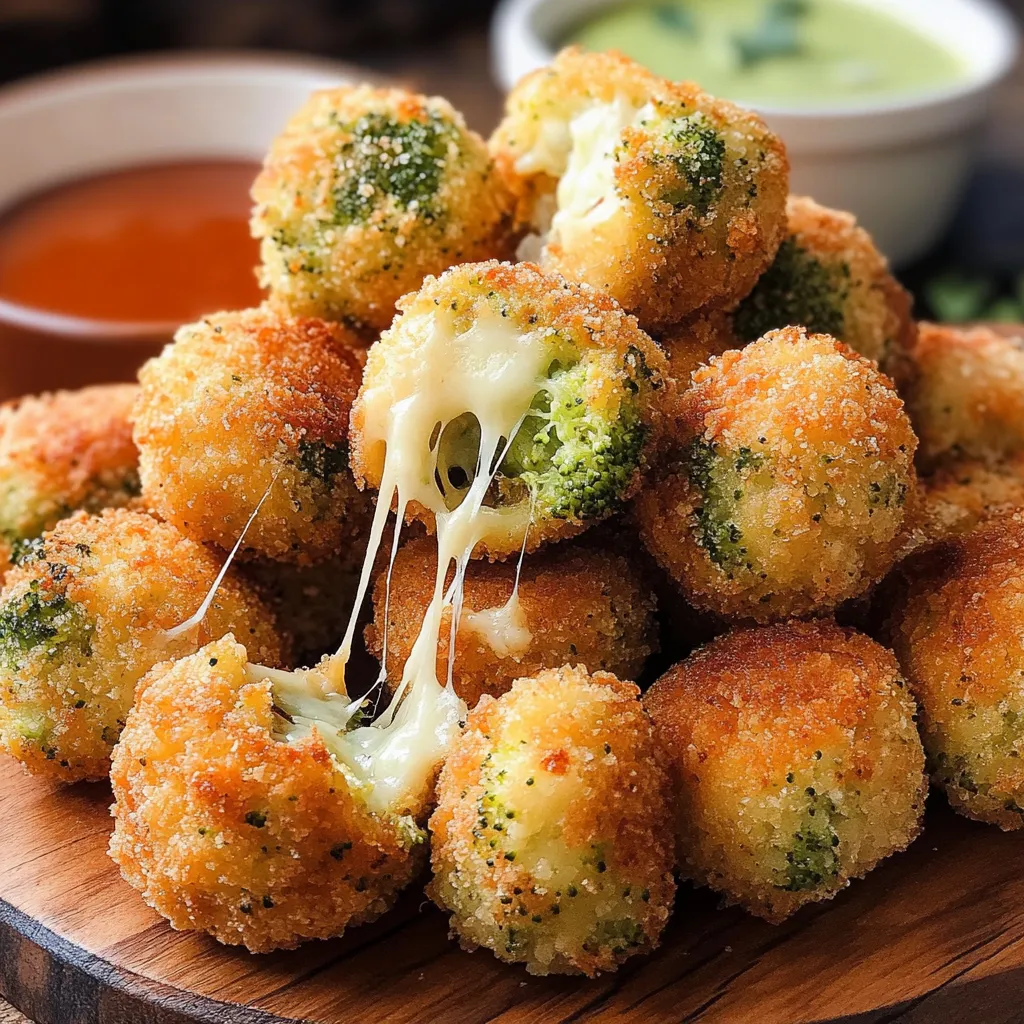 Eine Platte mit frisch zubereiteten, knusprigen, cremigen und grünen Brokkoli-Knödel, die mit frischem Käse und einer Sauce garniert sind.