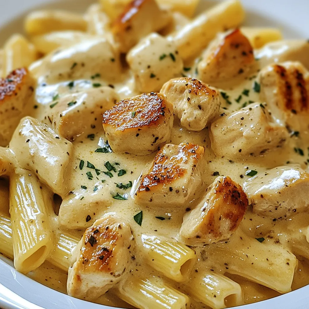Ein Bild von Pasta mit Käse, Zwiebeln und Chicken.