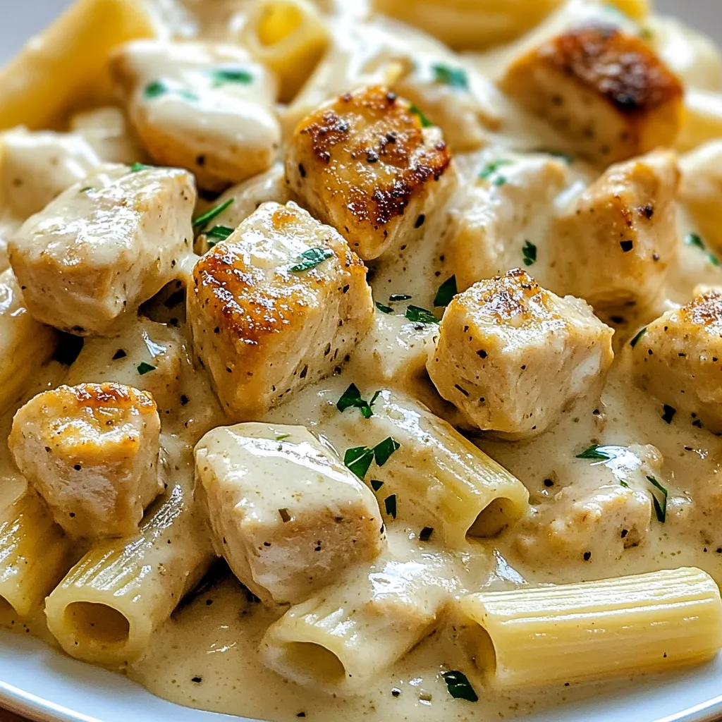 Ein Plate mit Pasta und Chicken.