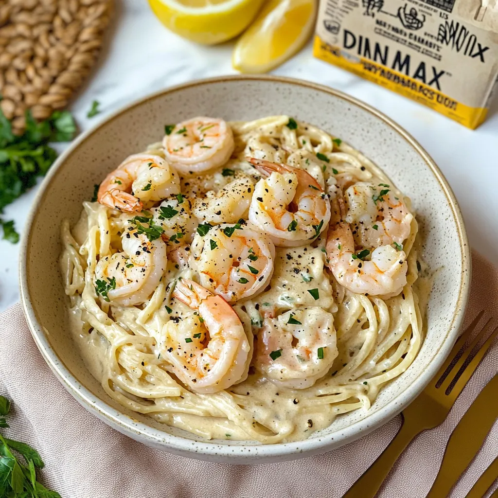 Ein Schmelztopf mit Shrimp und Pasta auf einer Tischplatte.