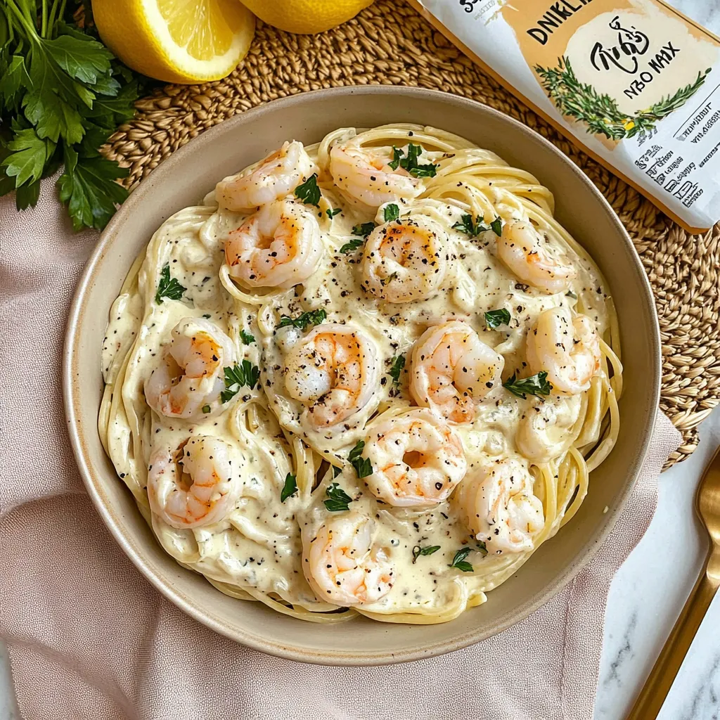 Ein Bogen Spaghetti mit Shrimp und Zwiebeln.
