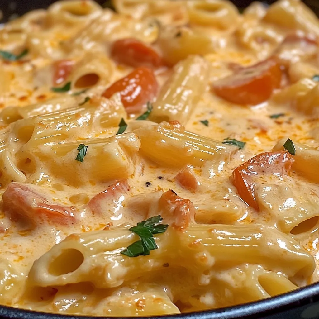 Eine Schüssel mit Penne-Nudeln und Tomaten.