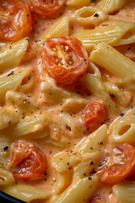 Eine Penne mit Tomaten und Knoblauch.