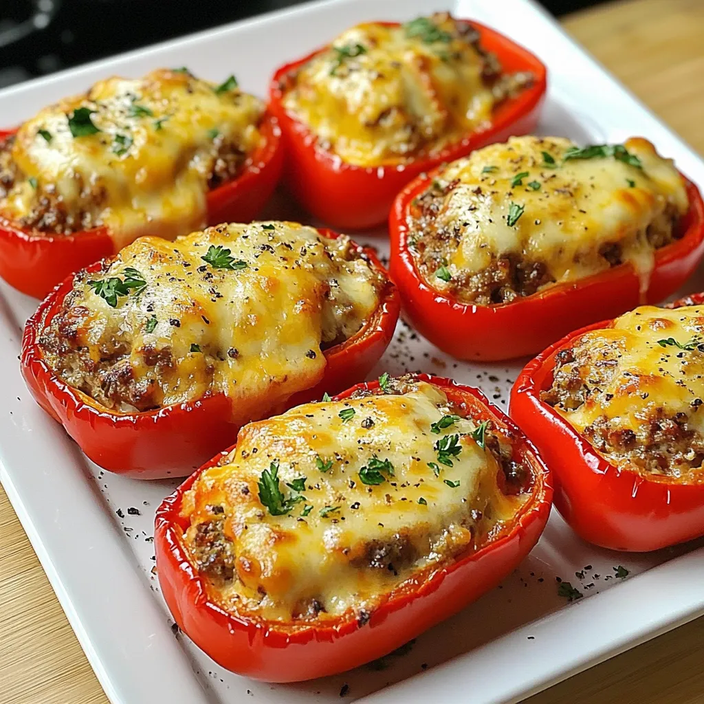 Ein weißer Teller mit sechs roten Tomaten, die mit Käse und Zwiebeln gefüllt sind.