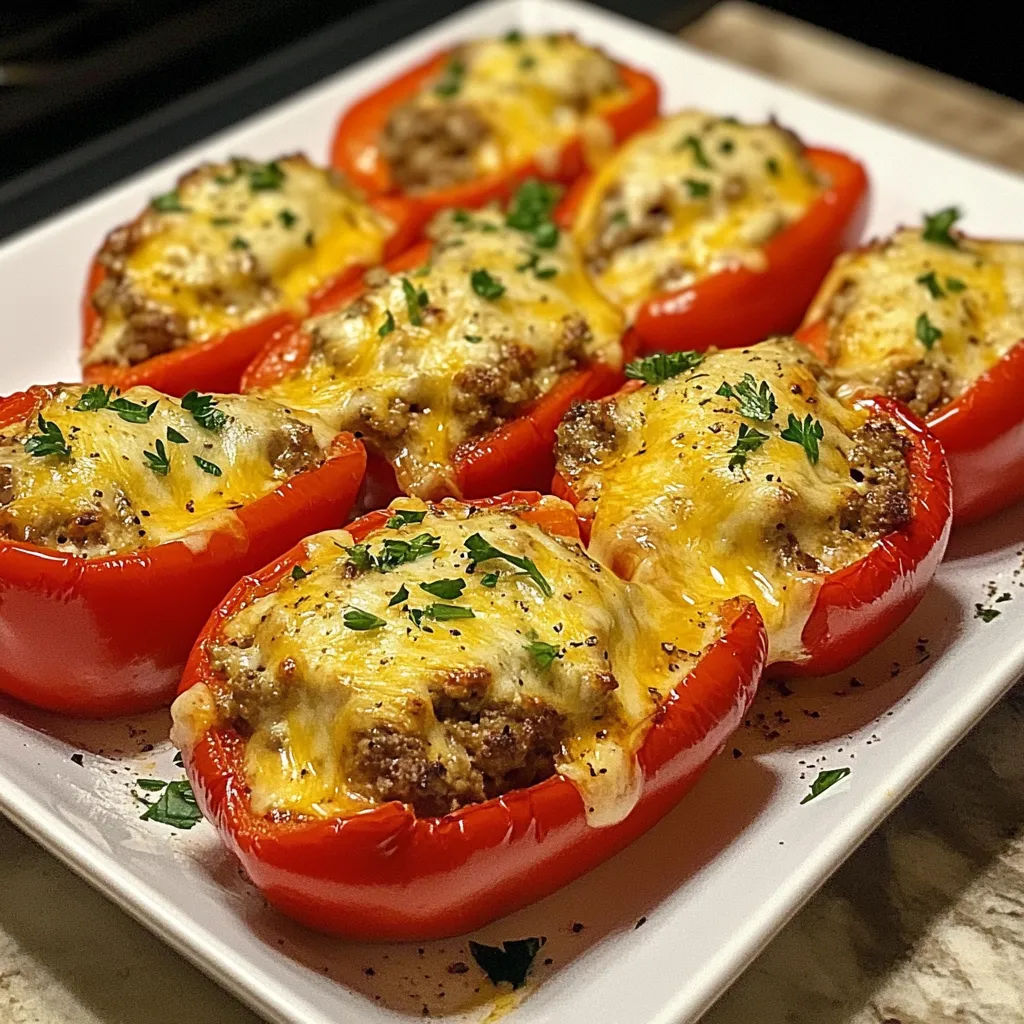 Eine Platte mit sechs Tomaten, die mit Käse und Zwiebeln garniert sind.