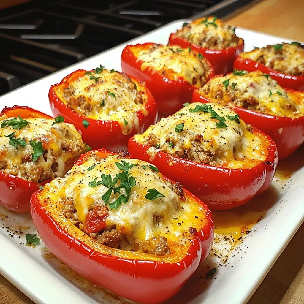 Eine weiße Platte mit sechs roten Tomaten auf ihr, die alle mit Käse und Zwiebeln gefüllt sind.