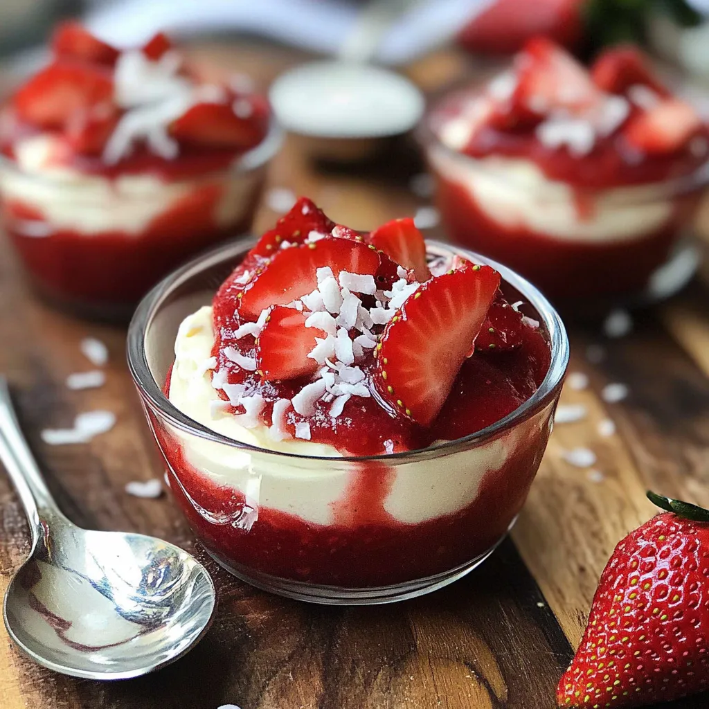 Eine Schüssel mit Strawberry-Whipped Cream-Dessert, der mit Strawberries und Coconut-Sugar garniert ist.