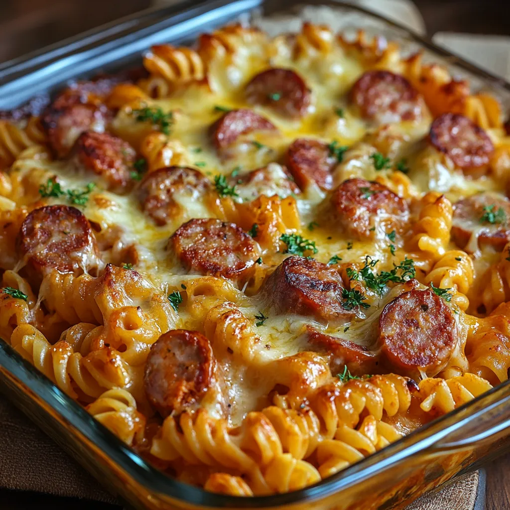 Ein Glas mit Pasta und Sausage.
