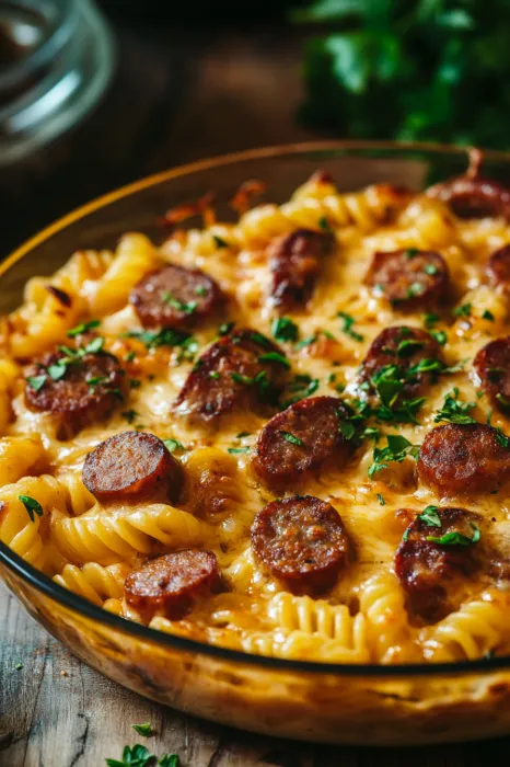 Ein Glas mit Pasta und Sausage.