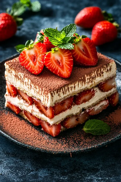 Eine Schokoladencake mit Strawberries und Mint auf einem Teller.