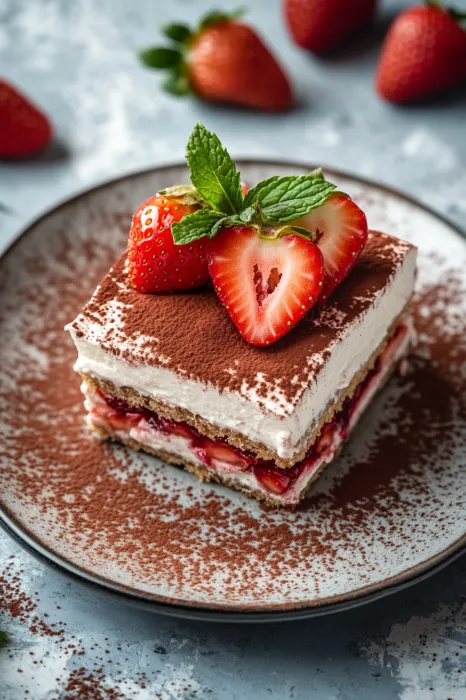 Eine Schokoladencake mit Strawberries auf einem Teller.