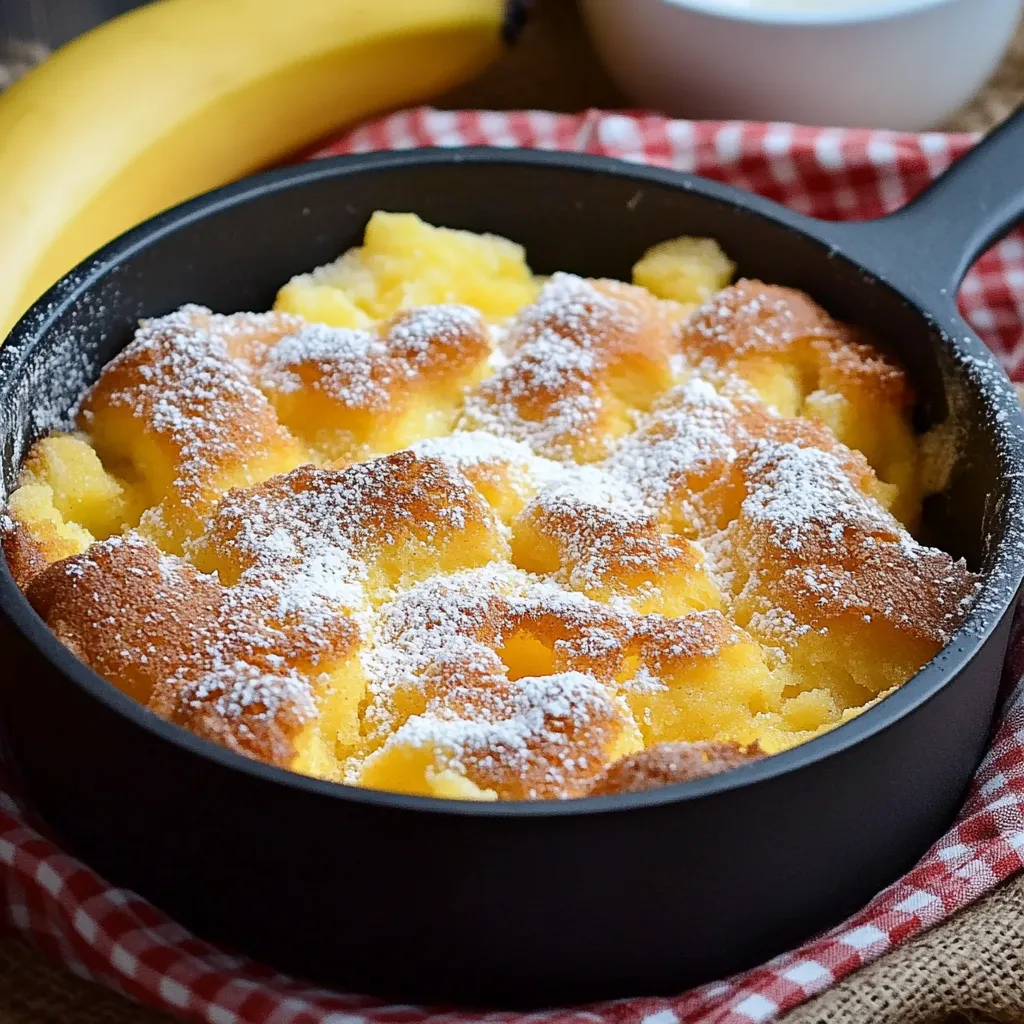 Ein schwarzes Töpfchen mit einer Banane und einem Kuchen darin.