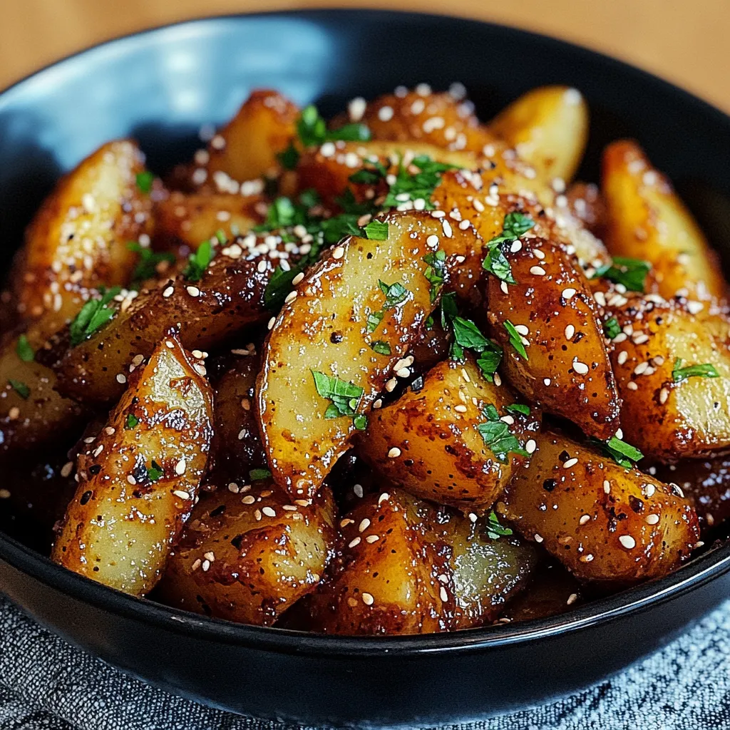 Ein schwarzes, leeres Bowl mit einer Mischung aus Kartoffeln und Gewürzen.