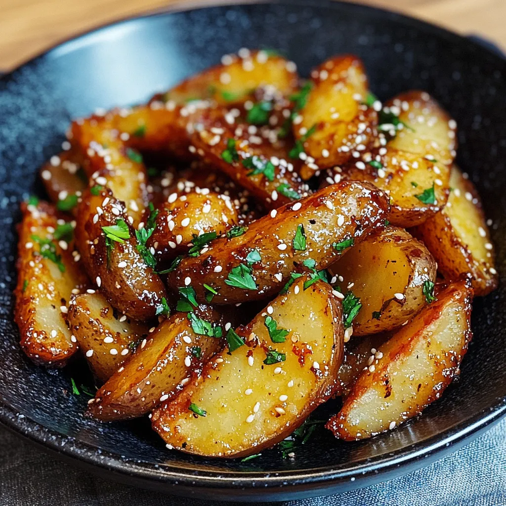 Ein schwarzes, leeres Bowl mit einer Mischung aus Kartoffeln und Gewürzen.