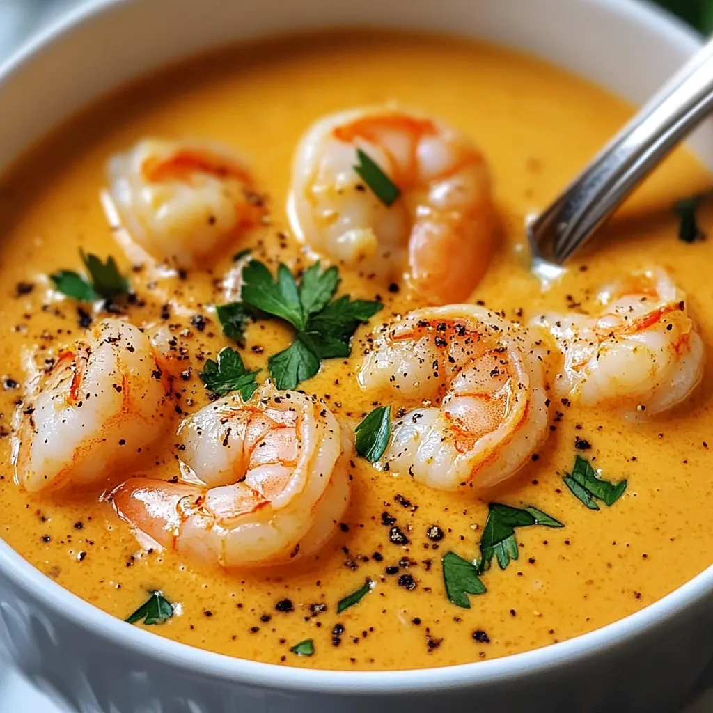 Ein weißer Becher mit einer cremigen Suppe, die mit Zwiebeln und Shrimp garniert ist.