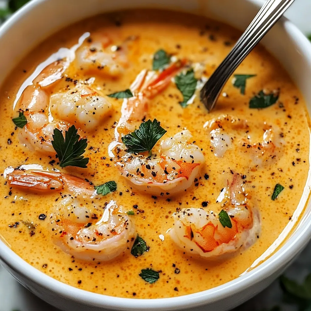 Ein weißer Teller mit einer cremigen Suppe, die mit Zwiebeln und Shrimp garniert ist.