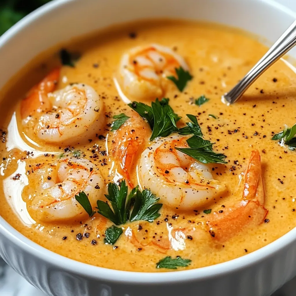 Ein weißer Teller mit einer cremigen Suppe, die mit Zwiebeln und Garnelen gefüllt ist.
