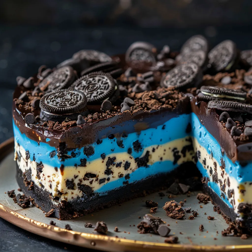 Eine Schokoladenkuche mit Oreo-Schokoladensegmenten auf einem Teller.