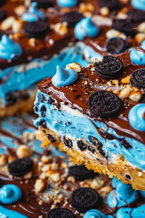 Eine Schokoladencake mit Oreo-Kreuzküren und Nüssen auf einer blauen Unterlage.
