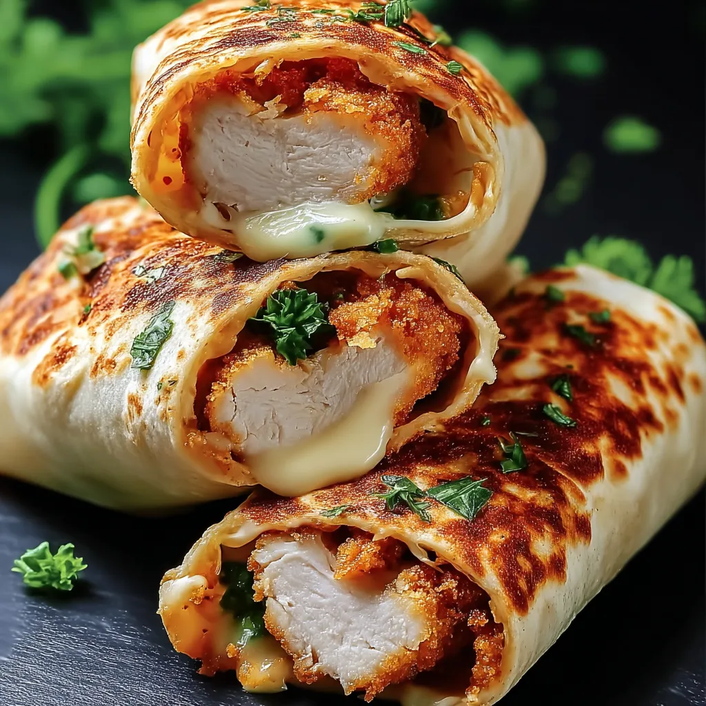 Zwei Knusprige, käsige Knoblauch-Hühnchen-Wraps auf einem Tisch.