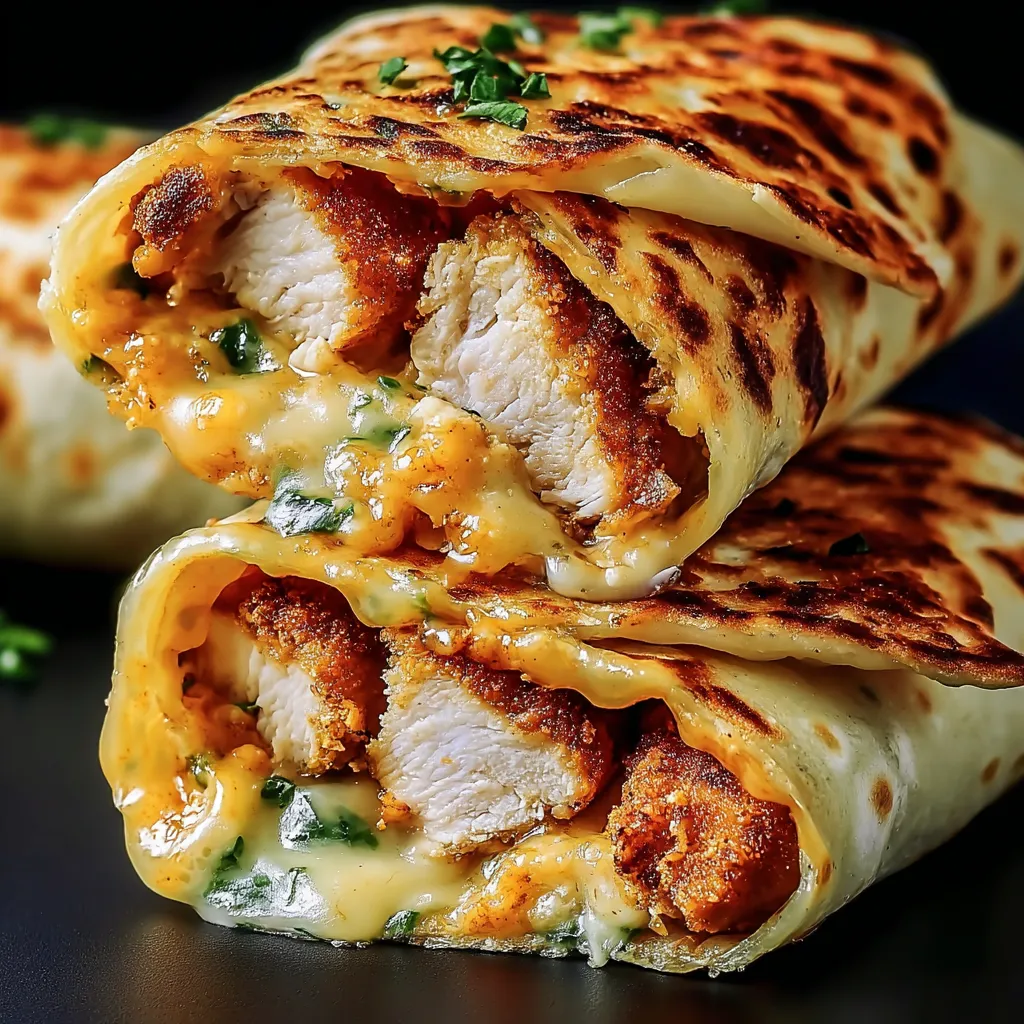 Zwei Wraps mit käsiger und knuspriger Schicht, die mit Knoblauch und Hühnchen zubereitet sind.