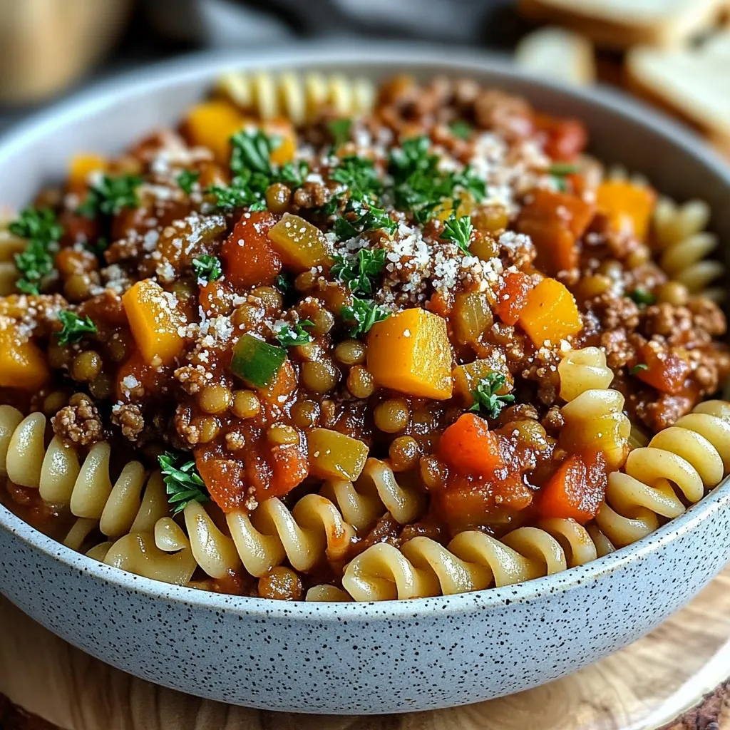 Ein großer, glatter, grau-blauer Becher mit einer Mischung aus Pasta, Kartoffeln, Zwiebeln und Rindfleisch.