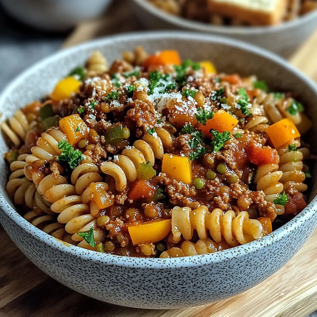 Ein großer, glitzernder Becher mit Pasta und Rindfleisch, garniert mit Zwiebeln.